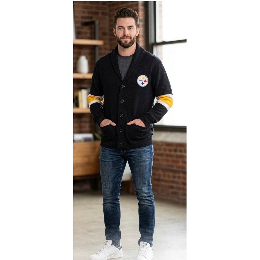 NFL Pittsburgh Steelers Men XXL Black Shawl Collar Cardigan Sweater Cotton Knit